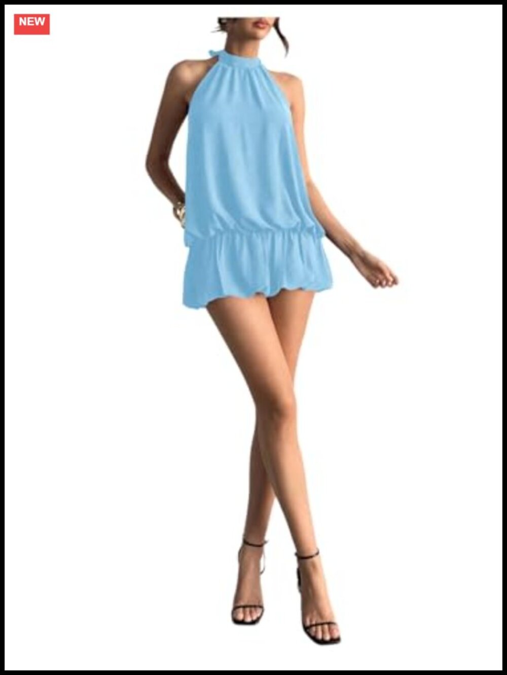 Halter Neck Open Back Ruffle Bubble Hem Mini Dress - Picture 4 of 4